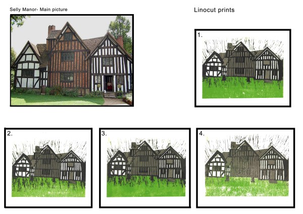 My first Linocut prints of Selly Manor in Bournville.