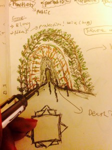 Inital group sketch concept of journey display representing the living and non-living. 